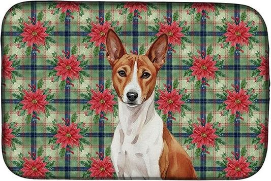 Caroline's Treasures Red and White Basenji Christmas PoinsettIas Dish Drying Mat Absorbent Dish Drying Mat Pad for Kitchen Counter Dish Drainer Mat for Countertop, 14 x 21", Multicolor