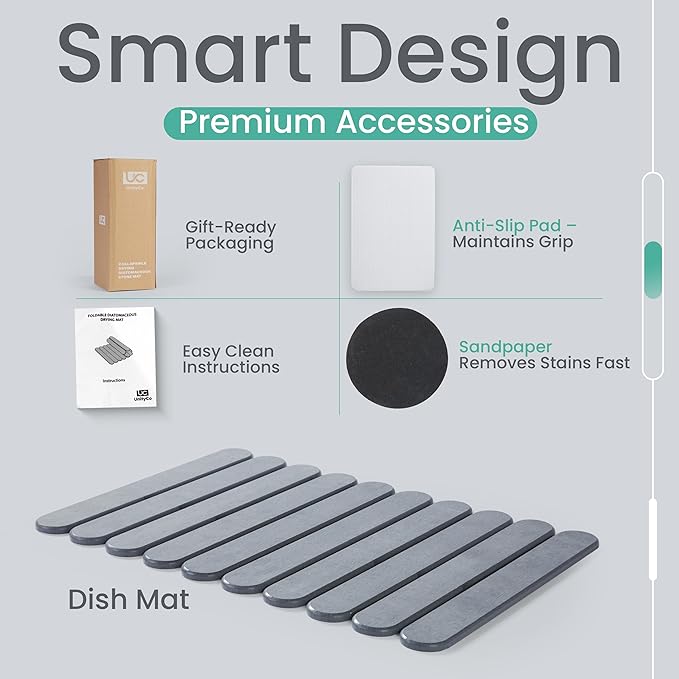 Stone Dish Drying Mat for Kitchen Counter, 23.6”(L) x 15.3”(W), Collapsible Eco-Friendly Diatomaceous Mat, Non Slip Quick Dry – Grey Mat for Dishes, Bottles & Cups, Matches Any Countertop