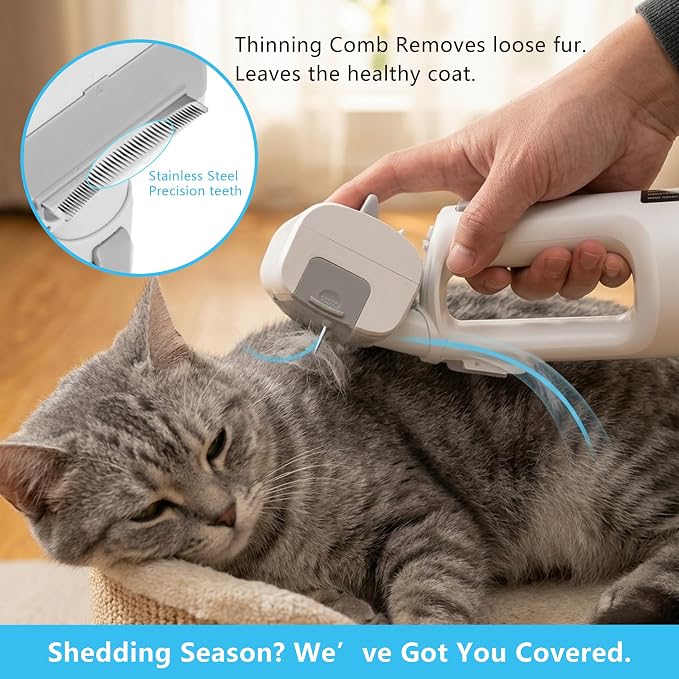 Deshedding Brush with Vacuum Suction, 5-in-1 Pet Hair Removal Tool for Dogs Cats, Cordless Undercoat Rake Removes Loose Hair, 9Kpa Pet Vacuum Cleaner for Furniture Carpet (white bag)