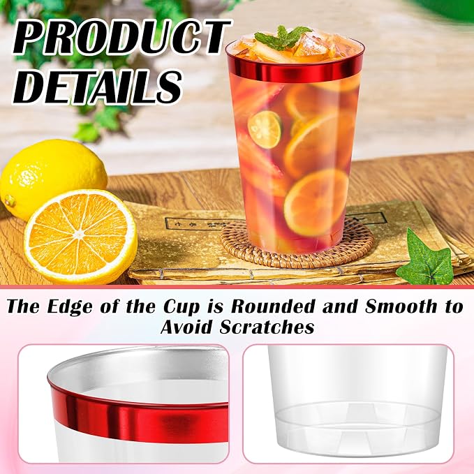 100 Pcs Red Plastic Cups,12 oz Red Rimmed Plastic Cup,Disposable Wine Glasses,Elegant Cocktail Drinking Cup, Clear Party Cups for Wedding Birthday Family Gatherings Holiday