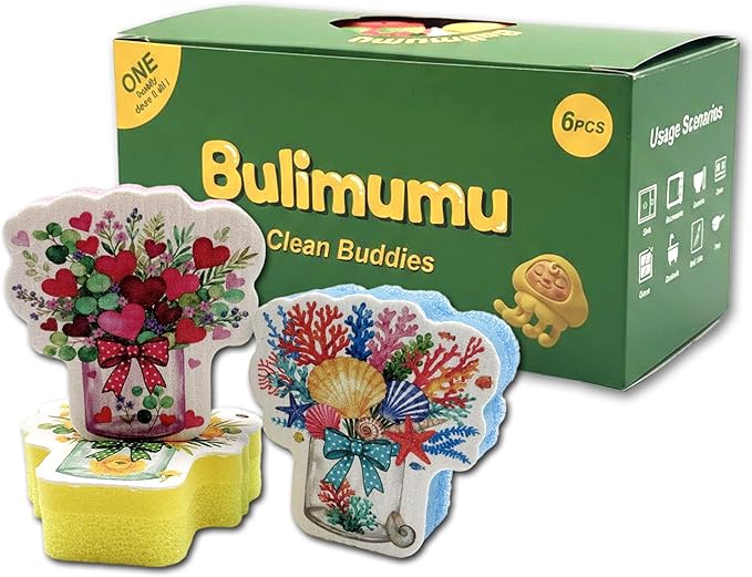Bulimumu 3-Layer Floral Vase Dish Sponge (6 Pack) - Swedish Dishcloth Top + Soft Sponge Middle + Smart Temperature-Sensing Scrubber - Dual-Action Non-Scratch Kitchen Cleaning