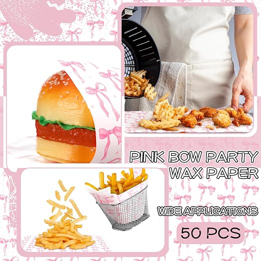 Geosar 100 Pcs Coquette Bow Paper Food Trays Bulk Bow Party Supplies Birthday Decor Disposable Food Boat Trays with Wax Paper Sheet Wrapping for Wedding Bridal Party Supplies(Pink)