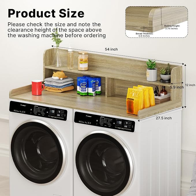 Washer Dryer Countertop with Non-Slip Pads, 2.75" H Guard, 54" W x 27.5" D Wood Laundry Countertop Cover, Large Space Washer Dryer Topper for Laundry Room Organization(Light Wood)