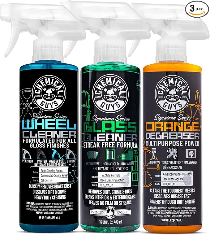 Chemical Guys CLD_203_16 Signature Series Wheel Cleaner,Blue, 16 oz with Signature Series Orange Degreaser, 16 oz with CLD_202_16 Signature Series Glass Cleaner,16 fl.oz