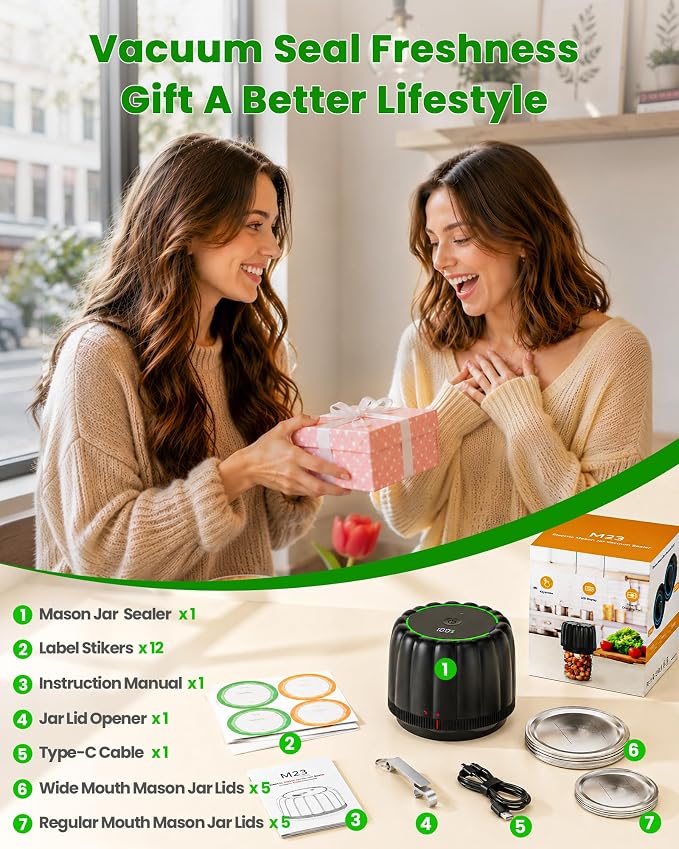 Electric Mason Jar Vacuum Sealer - Bunyta NEW Canning Vacuum Sealer Kit for Wide & Regular Mouth Mason Jars with 10 Lids, Auto-Stop Cordless Jar Sealer for Food Storage, Kitchen, Camping