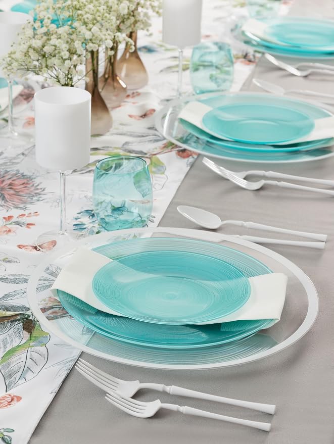 PLASTICPRO 128 Pieces Crystal Design Plastic Plates Combo Pack 7 inch and 10 inch Gold Rim Elegant Disposable Plates, Transparent Aqua Blue
