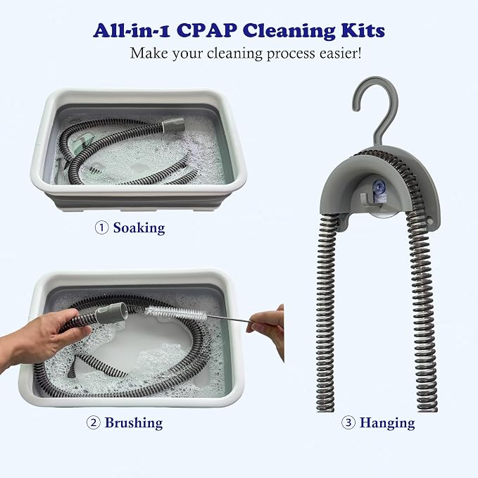 CPAP Cleaning Kits with Tube and Mask Brush, Collapsible Wash Basin & Hose Hanger - CPAP Hose Cleaner Supplies to Make Cpap Accessories Cleaning, Drying, Storing Easier