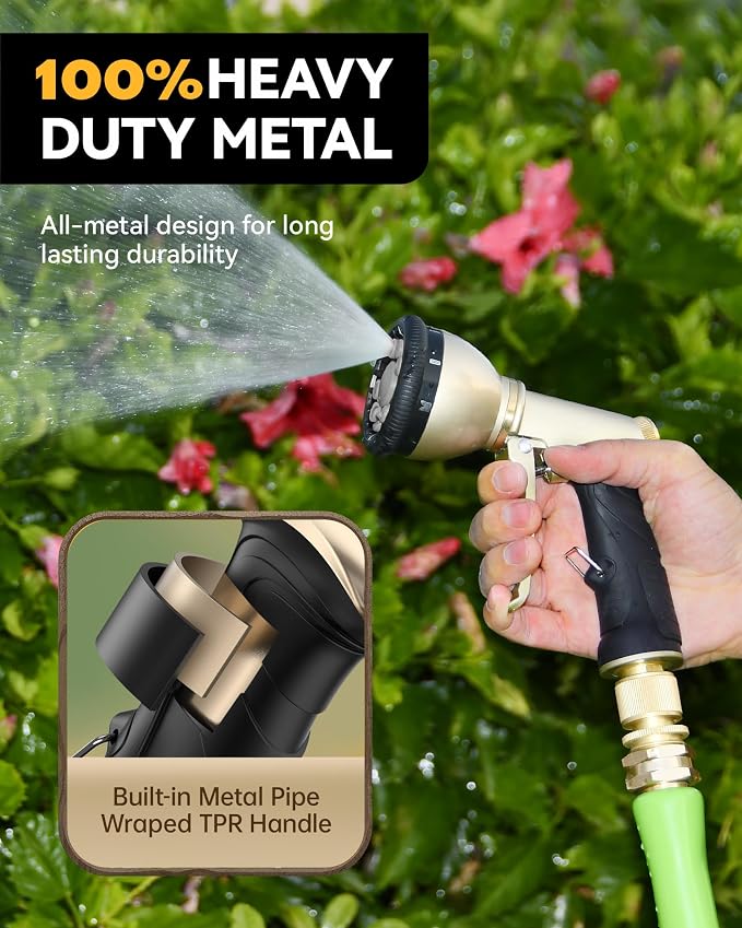 RAINPOINT Garden Hose Nozzle and Quick Connector Set, 9 Spray Patterns Heavy Duty Metal Water Hose Nozzle with 3/4 Inch Solid Brass Quick Connectors for Easy Water Hose Connection