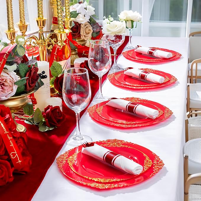 400PCS Pre Rolled Red Plastic Silverware Sets - Heavy Duty Red Cutlery - Include 100 Pack Wrapped Disposable Utensils with Napkins for Parties & Dinners & Weddings