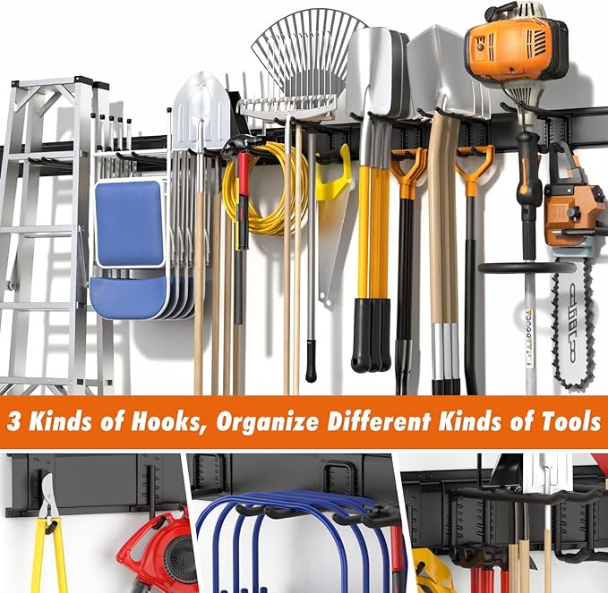 Housolution Heavy Duty Garage Wall Organizer 64 Inch - 18Pack Carries 570 lbs, Garage Tool Organizer Storage System, 4 Rails with 12 Adjustable Hooks, Garden Tool Organizer for Warehouse, Workshop