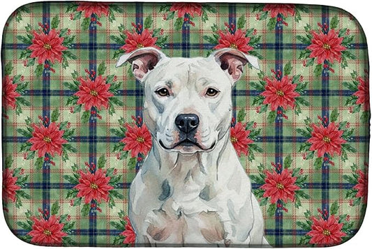 Caroline's Treasures White American Staffordshire Terrier Christmas PoinsettIas Dish Drying Mat Absorbent Dish Drying Mat Pad for Kitchen Counter Dish Drainer Mat for Countertop, 14 x 21", Multicolor