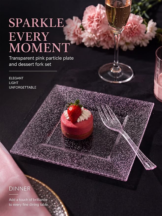 DaYammi 200 Pcs Pink Dessert Plates Including 100Pcs Appetizer plates 6'',100Pcs Plastic Forks 5.7'',Rose Glitter Plastic Square Plate for Wedding,Pink Cake plates and forks for Party Bridal Shower