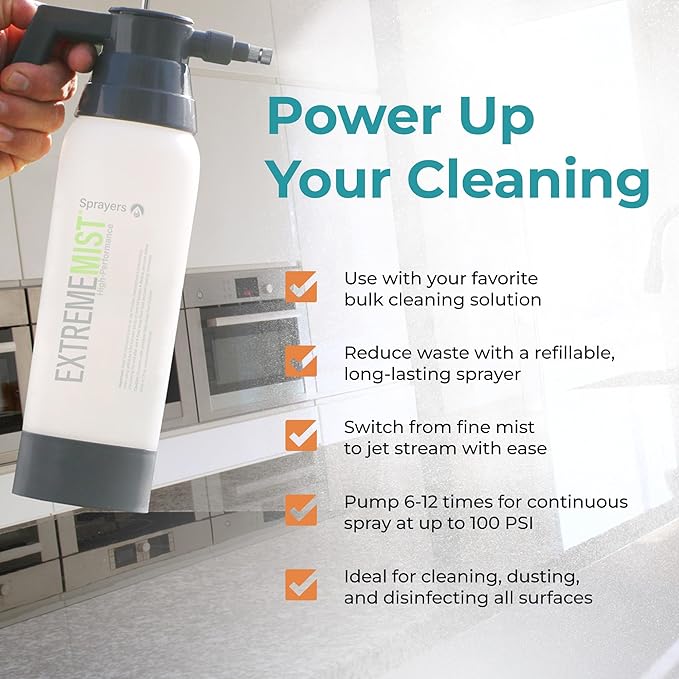 ExtremeMist High-Performance Kitchen & Bath Sprayer | Refillable Pressurized Sprayer | Ultra-Fine Mister | Continuous Spray Bottle for Cleaning | High Pressure | 32 oz Bottle