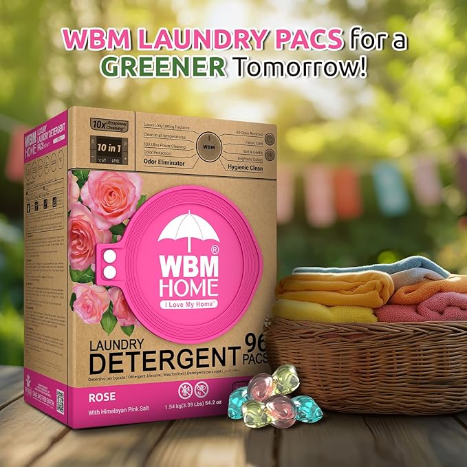 WBM Home 10-in-1 Laundry Pods, Total 96 Count, Ultra Concentrate with Powerful Stain Lifter Technology, Fabric Softener With Rose Extracts, Detergent Pods
