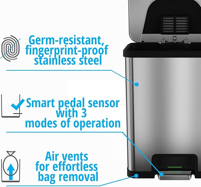 Halo TapCan 13 Gallon Effortless Trash Can with One-Tap Pedal Sensor and Odor Control System and AC Adapter-Stainless Steel with Black Trim