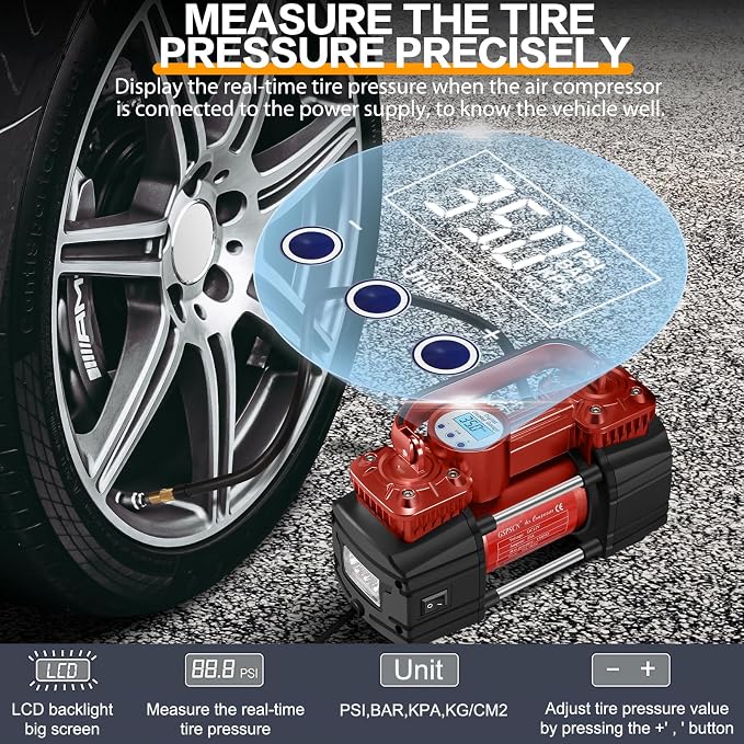 GSPSCN Heavy Duty Digital Tire Inflator 12V Portable Air Compressor Pump | 6X Faster Inflation Auto Shut-off Double Cylinders Metal Air Pump 150Psi with LED Light for Pickup,Truck,Car,Bicycles,RV,SUV