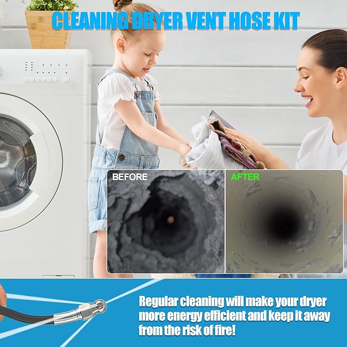 Dryer Vent Cleaner Kit: 32ft Pressure Hose + 1/4 Air Quick Connect + 2 Jetter Nozzle for Powerful Lint Removal, Fire Hazard Reduction & Energy Savings – Ideal for Cleaning Long Dryer Ducts