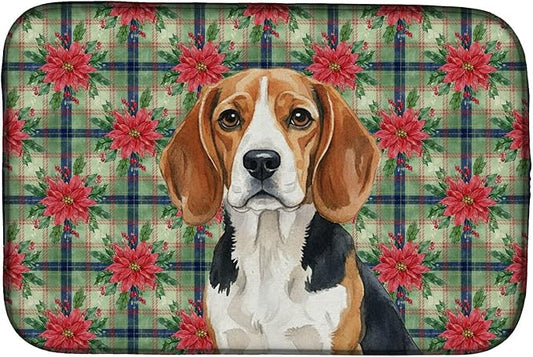 Caroline's Treasures Beagle Christmas PoinsettIas Dish Drying Mat Absorbent Dish Drying Mat Pad for Kitchen Counter Dish Drainer Mat for Countertop, 14 x 21", Multicolor