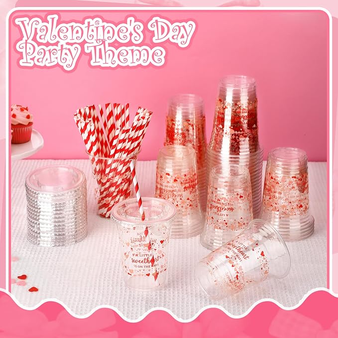 Qinyoung 50 Sets Valentine Heart Baby Shower Cups 16 oz Sweetheart Baby Shower Favors Red Heart Cups with Lid and Straw Disposable A Little Sweetheart Is on The Way Supplies for Birthday