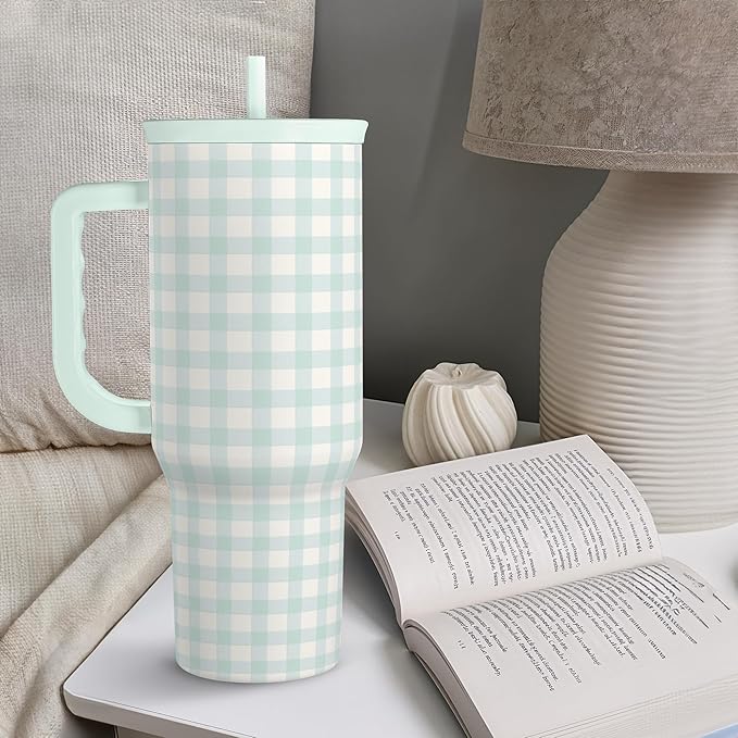 SANDJEST Mint Gingham 40oz Slider Tumbler with Handle and Straw - Insulated Stainless Steel Travel Coffee Mug for Women Girls, Gift for Birthday, Christmas