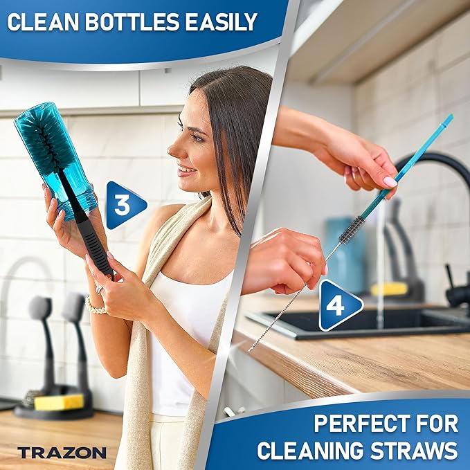 Dish Brush Set of 5 with Convenient Holder, Bottle Water Brush, Dish Scrub Brush, Scrubber Brush and Straw Brush+ Scrub Brush Set of 3pcs- Cleaning Shower Scrubber, Grout Cleaner Brush, Scrub Brushes