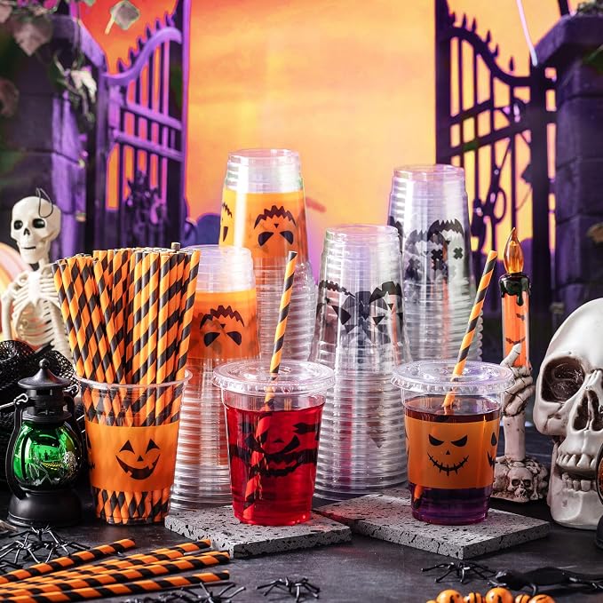 Yaomiao 300 Pcs 12 oz Halloween Plastic Cups with Lids and Straw Halloween Plastic Cup Disposable Clear Tumbler Whiskey Tumbler Black White Emoticons Witch Drinking Set for Party Supply