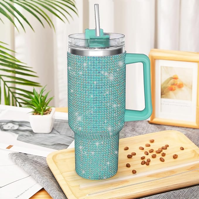 HWISDMIG 40oz Tumbler with Handle-Glitter Rhinestones Tumbler Bling Cups Stainless Steel Water Bottle Diamond Studded Tumbler for Women-Birthday Gifts for Women, Mom, Girlfriend (Sea Glass)