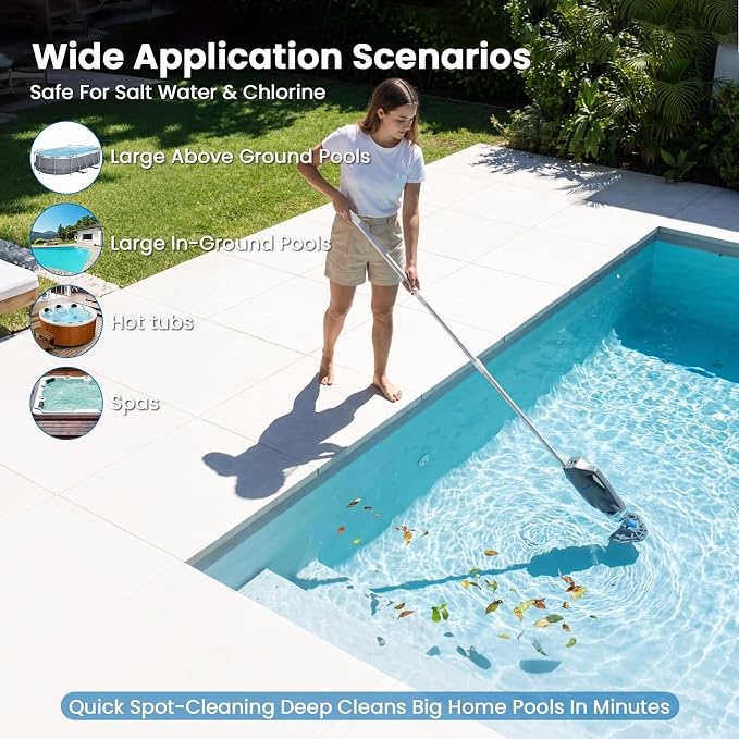 Cordless Handheld Pool Vacuum, 18.5GPM Strong Suction, Telescopic Pole, 45 Mins Runtime, Dual Brush Heads for Above Ground, Inground Pools, Spas & Hot Tubs, Vako H10