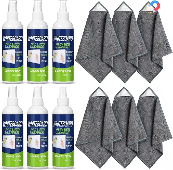 Fuyoooo 12 Pcs Whiteboard Cleaner Spray Dry Erase Board Cleaner with Magnetic Cloth White Board Cleaning Spray Removes Stubborn Marks from Whiteboards Chalkboard (250ml)