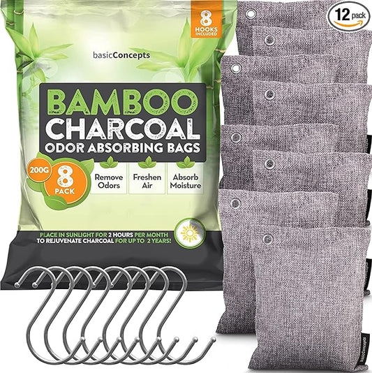 Nature Fresh Charcoal Bags Odor Absorber (Large, 12 Pack, 200g each), Reduce Odors Naturally with Bamboo Charcoal Air Purifying Bags for Car, Home, Closet, Shoe Deodorizer Eliminator Freshener Remover