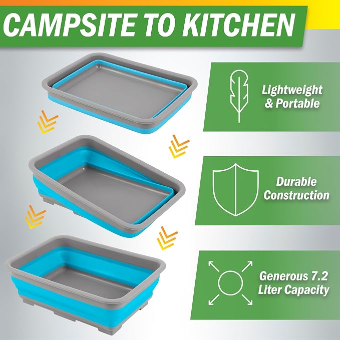 Collapsible Bucket for Cleaning 2-Pack - 7.27L Foldable Wash Bin Dish Tubs - Collapsible Wash Basin or Camping Sink Set for Beach, Tailgating or Soaking Laundry - Cleaning Supplies by Wakeman (Blue)