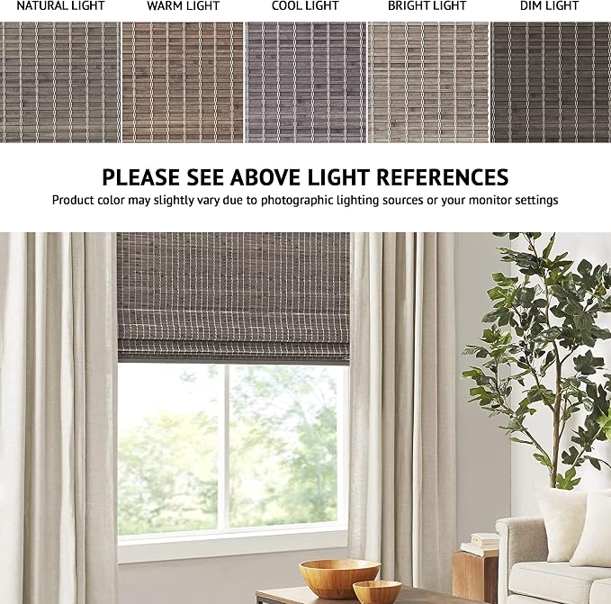 Madison Park Eastfield 100% Bamboo Cordless Roman Shades-Woven Wooden Privacy Panel, Light Filtering Easy Installation Window Blind Treatment, Bedroom, Living Room Decor, 29" W x 64" L, Grey Ash