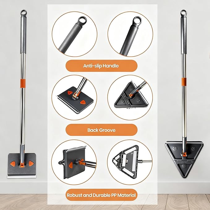 85'' Wall & Ceiling Mop with Long Handle, Wall and Baseboard Cleaner Tool, 2 Mop Heads (Triangle Corner + Square), 8 Reusable Washable Pads (Chenille/Microfiber/Scrub) for Shower Walls, Tile, Floors