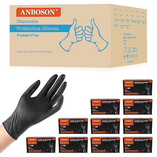 ANBOSON 6 mil Disposable Nitrile Gloves, Heavy Duty Disposable Glove, Cooking Gloves, Latex Free, Powder Free (Black of 1000, X-Large)