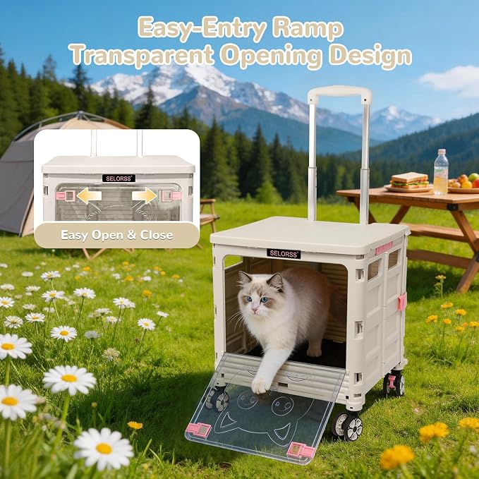 FELICON SELORSS Folding Utility Cart Portable Rolling Crate Handcart on Rotate Wheels with Magnetic Sliding Lid Telescoping Handle Lockable Transparent Front Panel for Travel Shop Office Teacher(Gray)