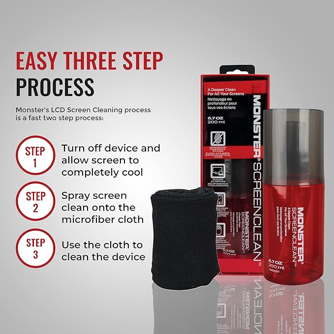 Monster Screen Cleaner Kit, 6.7 oz (200 mL), Microfiber Cloth, White/Black/Red, for HDTVs, Tablets, Laptops, Smartphones, Eyeglasses