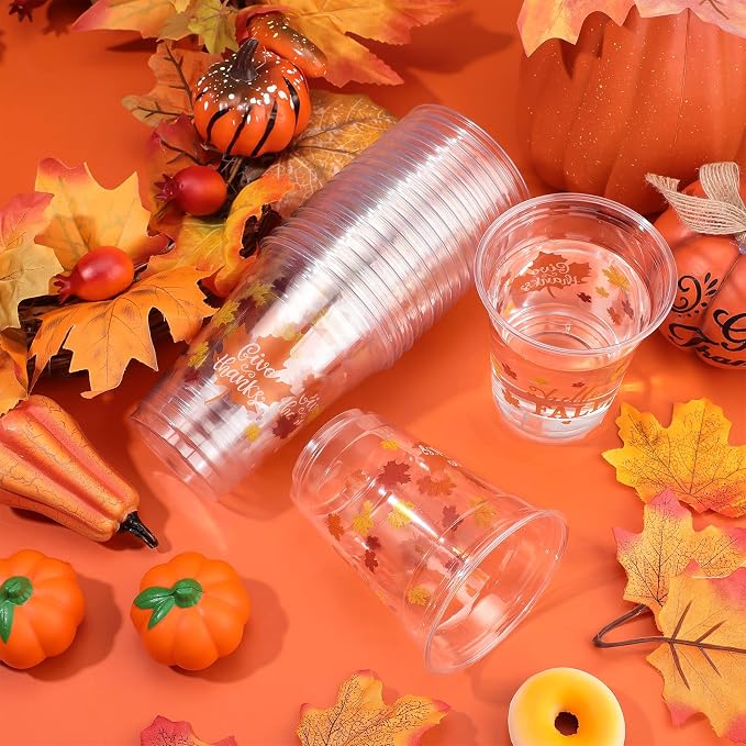 Meanplan 100 Pcs Thanksgiving Plastic Cups Bulk 12oz Fall Disposable Cups Autumn Pumpkin Leaf Turkey Clear Drinkware Tumblers Coffee Juice Wine Glasses Harvest Wedding Party Supplies(Maple)