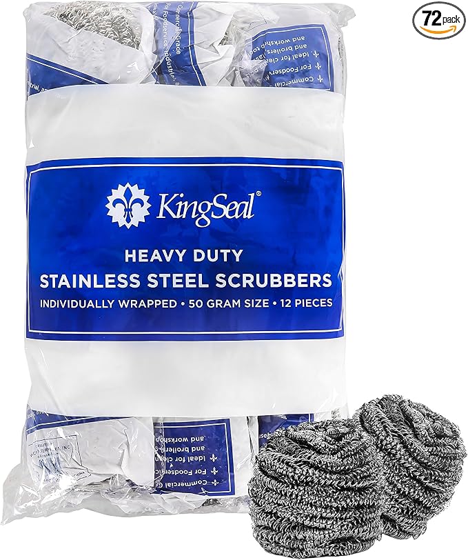 72 Count | KingSeal Stainless Steel Scrubbers, Scrub Pads, Heavy Duty, 50 gram Weight, Individually Wrapped - 6 Packs of 12 Scrubbers