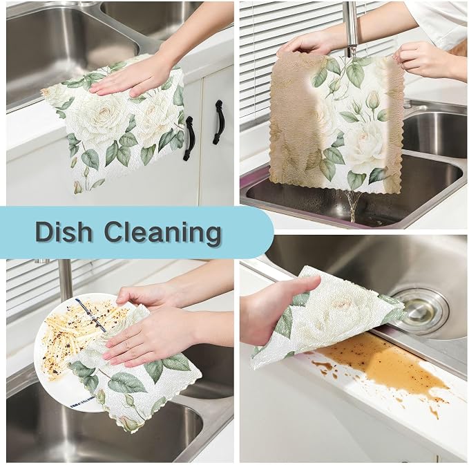 senya Kitchen Dishcloths, White Rose Flower Cloth Dish Towels 6 Pack Super Absorbent Dishtowels Reusable Cleaning Cloths