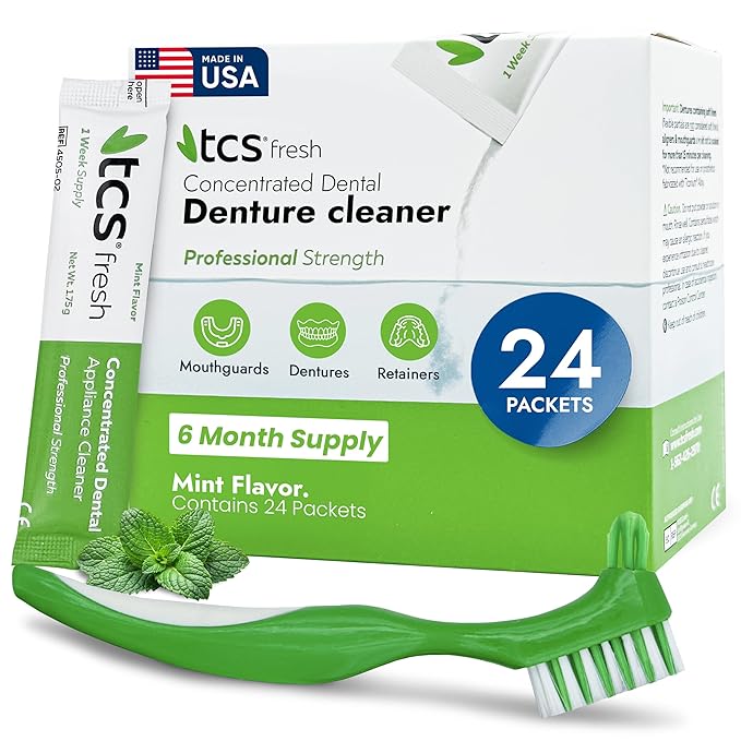 TCS Fresh Concentrated Dental Appliance Cleaner Set, Professional Denture and Retainer Cleaner Powder with Soft Bristle Brush (24 Packets, 6 Month Supply, Mint Flavor)