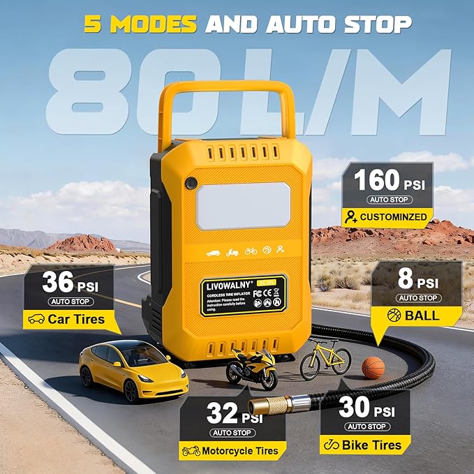 5X Faster Tire Inflator Air Compressor, LIVOWALNY 160PSI Cordless Air Pump Compatible with Dewalt 20V Battery with Digital Pressure Gauge, Deflator & Auto Shut-Off for Car, Motorcycle (Tool Only)
