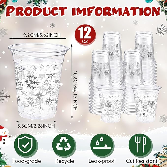 Jingmore 100 Pcs Winter Snowflake Plastic Cups 12 oz Snowflake Disposable Clear Plastic Drinking Cups Bulk for Xmas Winter Holiday Wonderland Party Decorations Supplies(Silver)