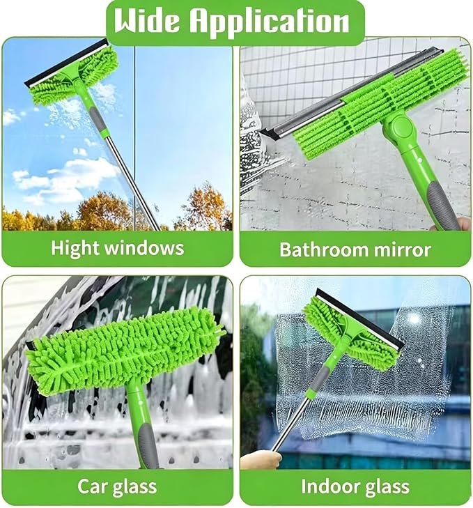 68'' Window Squeegee Cleaner Kit - 2-in-1 Rotatable Window Cleaning Tool with Extension Pole, Professional Streak-Free Squeegee with Bendable Head for Indoor/Outdoor Windows Car Glass (Green, 38.45FT)