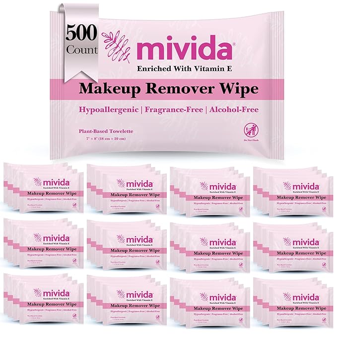 mivida 500 Count Hypoallergenic Makeup Remover Wipes Individually Wrapped with Vitamin E, Dermatologist Tested Face Wipes, Alcohol Free, Fragrance Free Makeup Wipes Bulk Hotel, Airbnb, Vacation Rental