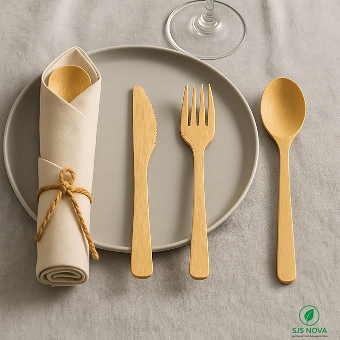 Premium Pre-Rolled Napkin and Bamboo Cutlery Set (60 Pack, 240 PCS) 100% Biodegradable, Eco-Friendly, Disposable Wrapped Cutlery-Includes Pre-Wrapped Bamboo Forks, Knives, Spoons, & Napkins