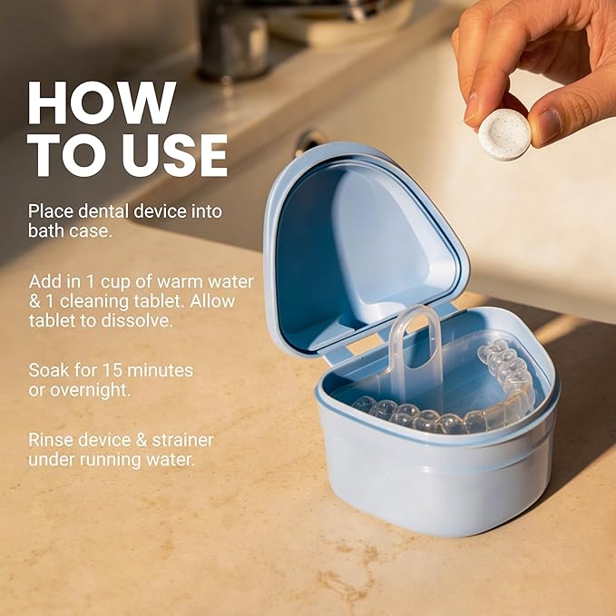 Denture Bath Case and Retainer Case, Denture Bath Cup for Invisalign Retainers Mouthguards Dentures Cleaner Kit with Strainer Spill-Free Portable Retainer Cleaner Case by M3