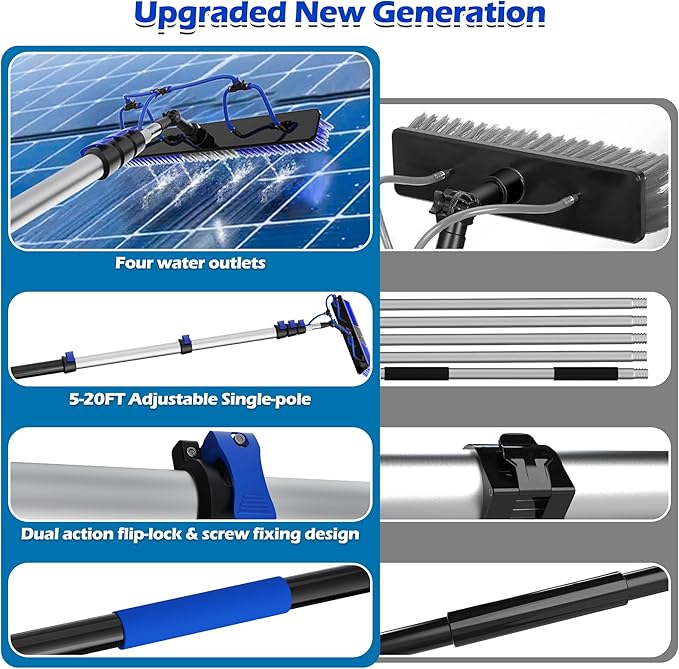 30 FT Reach Solar Panel Cleaning Brush Kit with 5-24 FT Telescopic Extension Pole, Water Fed Pole with Dual Action Flip-Lock & Screw Fixing Design, Ideal for Snow Removal, Windows, Boats, RVs
