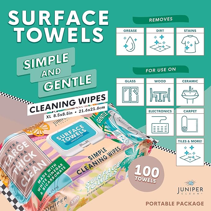 Juniper CLEAN 3 Packs Surface Cleaning Wipes Bleach Free, Thick & Large Dispose, All-Purpose Cleaner for Bathroom, Kitchen, Office, 100 Count Soft Flow, Biodegradable, No Scent