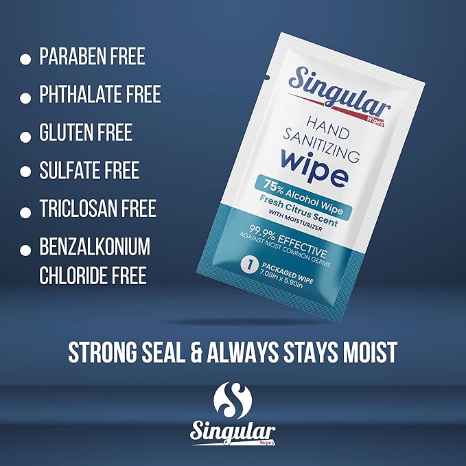 Hand Sanitizing Wipes Travel Size by Singular Wipes – 30ct Individually Wrapped | Fresh Citrus Scent, Moisturizing, 75% Alcohol Wipes | Travel, Office, School, Home