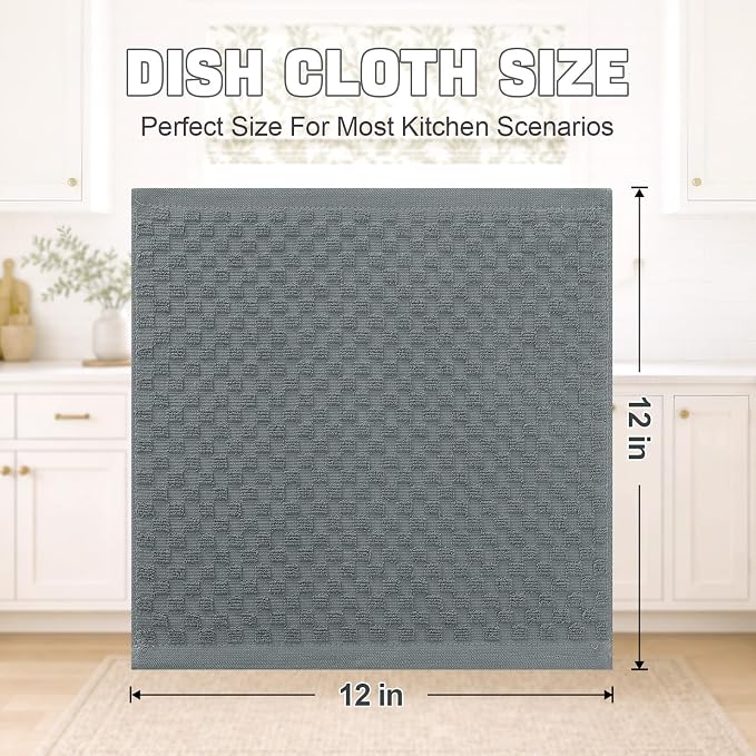 Homaxy 100% Cotton Terry Kitchen Dish Cloths, Ultra Soft Absorbent Dish Towels with Hanging Loop, Pineapple Grid Designed, 12 x 12 Inches, 12-Pack, Dark Grey